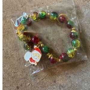 Christmas Bracelet Red Green Gold Beaded Santa Charm Holiday Jewelry
